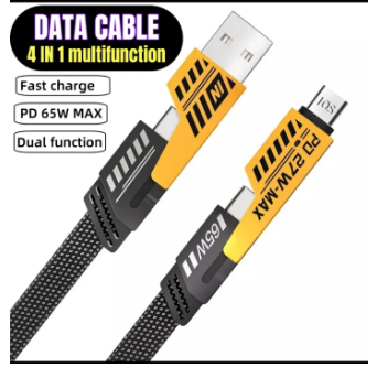 4 in 1 Convertible Metal Fast Charging Data Cable, USB a Type-C PD 27W 65W Braided Multiple Charging Cable
